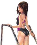  1girl amagi_konoha ass brown_eyes brown_hair competition_swimsuit cowboy_shot highres katsura_masakazu long_hair looking_at_viewer official_art one-piece_swimsuit parted_lips simple_background solo swimsuit wet white_background zetman 