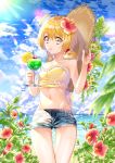  1girl absurdres ahoge bare_shoulders beach blonde_hair blue_shorts cherry clouds cowboy_shot cup denim drinking_glass drinking_straw flower food fruit hamster harryham_harry hat hat_removed headwear_removed hibiscus highres holding holding_drinking_glass holding_hat hugtto!_precure kagayaki_homare looking_at_viewer melon_soda navel orange orange_slice precure short_hair short_shorts shorts sky standing summer sun_hat thigh_gap water yellow_bikini_top yellow_eyes yuutarou_(fukiiincho) 