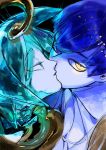  2others androgynous bangs blue_eyes blue_hair blunt_bangs colored_eyelashes crystal_hair dual_persona face-to-face glowing glowing_eye gold green_eyes green_hair heterochromia highres houseki_no_kuni looking_at_viewer marino_(oyasumi) multiple_others phosphophyllite phosphophyllite_(ll) short_hair spoilers tears yellow_eyes 