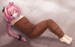  1boy astolfo_(fate) bare_shoulders barefoot bdsm black_bow blush bondage bound bow braid collarbone commentary cracked_floor english_commentary eyebrows_visible_through_hair fate/grand_order fate_(series) from_above full_body gag hair_between_eyes hair_bow hair_intakes improvised_gag jitan777 knees_up long_braid long_hair looking_at_viewer lying male_focus multicolored_hair mummy on_back pink_hair rope shadow shiny single_braid solo streaked_hair sweat tape tape_gag trap violet_eyes white_hair 