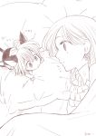  1boy 1girl animal_ears cat_ears cat_tail chibi earrings elizabeth_liones greyscale harumiya jewelry long_hair looking_at_another lying meliodas monochrome nanatsu_no_taizai on_side pillow tail 