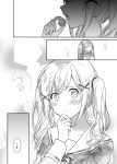  1girl bang_dream! bangs blush candy comic dress eating food greyscale hair_ornament hanasakigawa_school_uniform hand_on_own_chin ichigaya_arisa long_hair long_sleeves monochrome neck_ribbon open_mouth ribbon sailor_dress sakaki_kayumu solo sweatdrop translation_request twintails x_hair_ornament 