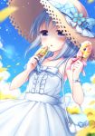  1girl bag blue_bow blue_hair blurry bow chunithm clouds collarbone day depth_of_field dress dual_wielding eyebrows_visible_through_hair flower food fruit grapes handbag hat holding holding_food kiwi_slice kobotoke_nagi outdoors petals pink_bow popsicle sanotsuki sky solo sparkle straw_hat strawberry sundress sunflower tongue tongue_out violet_eyes watch watch white_dress 