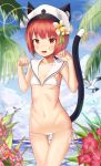  1girl absurdres animal_ears bikini blue_sky blush breasts eyebrows_visible_through_hair fake_animal_ears fake_tail flower graphite_(medium) hat highres jungle kantai_collection looking_at_viewer medium_hair military military_hat military_uniform nature ocean outdoors palm_tree paw_pose peaked_cap red_eyes sky small_breasts swimsuit tail teshu traditional_media tree uniform z3_max_schultz_(kantai_collection) 