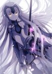  1girl armor armored_dress breasts cutout detached_sleeves dress fate/grand_order fate_(series) floating_hair fur_trim grey_dress highres jeanne_d&#039;arc_(alter)_(fate) jeanne_d&#039;arc_(fate)_(all) long_hair looking_at_viewer medium_breasts parted_lips polearm sideboob silver_hair sleeveless sleeveless_dress solo sword umeko_208 very_long_hair weapon white_background yellow_eyes 