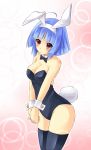  1girl animal_ears black_legwear black_neckwear blue_hair bow bowtie breasts bunny_tail bunnysuit cleavage commentary_request highres jewelpet_(series) jewelpet_twinkle kanesada_ryo rabbit_ears red_eyes sara_(jewelpet_twinkle) short_hair tail thigh-highs 