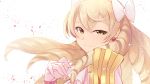  1girl blonde_hair bow closed_mouth drill_hair earrings fire_emblem fire_emblem:_kakusei gloves hair_bow highres jewelry long_hair mariabel_(fire_emblem) nakabayashi_zun petals pink_bow simple_background smile solo white_background 