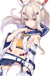  1girl ayanami_(azur_lane) azur_lane bangs bare_shoulders blue_sailor_collar blue_skirt breasts brown_eyes closed_mouth commentary_request crop_top detached_sleeves eyebrows_visible_through_hair hair_between_eyes hair_ornament hairclip hand_up headgear high_ponytail highres light_brown_hair long_hair long_sleeves medium_breasts navel nyori pleated_skirt ponytail sailor_collar school_uniform serafuku shirt sidelocks simple_background skirt sleeveless sleeveless_shirt solo thigh-highs very_long_hair white_background white_belt white_legwear white_shirt wide_sleeves 