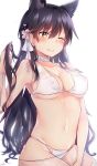  1girl alternate_costume animal_ears arm_support atago_(azur_lane) azur_lane bangs bare_shoulders between_legs bikini bikini_tug black_hair blush bow breasts brown_eyes character_name closed_mouth collarbone covered_nipples extra_ears flower groin hair_bow hair_flower hair_ornament hand_between_legs hand_in_hair highres large_breasts leaning_back long_hair looking_at_viewer mole mole_under_eye navel one_eye_closed ponytail ribbon sarong see-through sidelocks signature simple_background sitting skindentation smile solo stomach swimsuit thighs untied untied_bikini very_long_hair white_background white_bikini white_bow white_sarong wrist_ribbon yuteke_key 