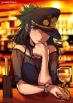  1girl bare_shoulders blurry blurry_background camisole closed_mouth commentary_request cup depth_of_field detached_sleeves drinking_glass genderswap genderswap_(mtf) green_eyes green_hair hat highres jojo_no_kimyou_na_bouken kotatsu_(g-rough) kuujou_joutarou long_hair looking_at_viewer one_eye_covered peaked_cap signature sketch smile solo stardust_crusaders watch watch wine_glass 