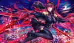  armored_boots artist_name bodysuit boots breasts clouds cloudy_sky covered_navel fate/grand_order fate_(series) flower gae_bolg hair_intakes high_heels highres holding holding_weapon large_breasts long_hair looking_to_the_side moon motion_lines pauldrons polearm purple_bodysuit purple_hair red_eyes ringoen scathach_(fate)_(all) scathach_(fate/grand_order) shoulder_armor sky sparkle spear veil weapon 