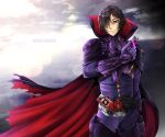  1boy armor armored_dress belt black_hair cape character_request code_geass code_geass_hangyaku_no_lelouch_r2 commentary commission crossover english_commentary fabulous gloves kamen_rider kamen_rider_w lelouch_lamperouge male_focus manu-chann violet_eyes 
