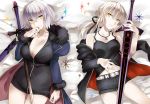  2girls ahoge artoria_pendragon_(all) bed_sheet belt black_dress black_jacket blonde_hair blue_jacket breasts coat commentary_request cowboy_shot dress eyebrows_visible_through_hair fate/grand_order fate_(series) full-length_zipper fur-trimmed_coat fur-trimmed_jacket fur-trimmed_sleeves fur_collar fur_trim hair_ribbon ichitaka jacket jeanne_d&#039;arc_(alter)_(fate) jeanne_d&#039;arc_(fate) jeanne_d&#039;arc_(fate)_(all) jewelry lying multiple_girls necklace on_back open_clothes open_coat open_jacket ribbon saber_alter short_dress shorts silver_hair sword tank_top weapon wicked_dragon_witch_ver._shinjuku_1999 yellow_eyes zipper 