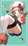  1girl aqua_background blush bow brown_eyes brown_hair cabbie_hat closed_mouth hat hat_bow highres index_finger_raised kotone_(pokemon) long_hair outline overalls poke_ball poke_ball_(generic) pokemon pokemon_(game) pokemon_hgss red_bow red_footwear ririmon shoes sleeves_past_elbows smile solo thigh-highs thighs tongue tongue_out twintails white_hat white_legwear white_outline 