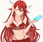  1girl artist_name bare_shoulders bikini ei1han fire_emblem fire_emblem:_kakusei fire_emblem_heroes food hair_ornament holding long_hair midriff navel one_eye_closed parted_lips popsicle red_bikini red_eyes redhead simple_background solo swimsuit cordelia_(fire_emblem) upper_body white_background wing_hair_ornament 