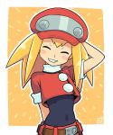  1girl ^_^ arm_behind_back belt blonde_hair blush bodystocking cabbie_hat closed_eyes closed_eyes covered_navel hat looking_at_viewer midriff muu_(mumumer) rockman rockman_dash roll_caskett short_sleeves smile solo turtleneck 