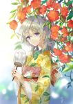  1girl bangs commentary_request earrings eyebrows_visible_through_hair fan flower food_themed_earrings grey_hair half_updo holding holding_fan japanese_clothes jewelry kimono lace-trimmed_sleeves lemon_earrings lemon_print long_sleeves looking_at_viewer medium_hair nekozuki_yuki obi original paper_fan parted_lips red_flower sash signature solo sweat trumpet_creeper uchiwa violet_eyes wide_sleeves yellow_kimono 