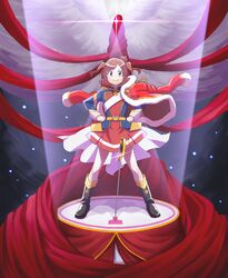  aijou_karen boots brown_hair coat crown highres jacket_on_shoulders lourie mini_crown red_eyes short_twintails shoujo_kageki_revue_starlight skirt sword twintails weapon 