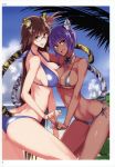  absurdres animal_ears artist_name bangs bikini breasts brown_eyes brown_hair choker cleavage clouds cloudy_sky collarbone dark_skin day erect_nipples eyebrows_visible_through_hair glasses highres isao large_breasts looking_at_viewer multiple_girls open_mouth outdoors page_number purple_hair scan sky smile swimsuit tail tiger_ears tiger_tail toranoana 