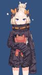  1girl abigail_williams_(fate/grand_order) absurdres alternate_hairstyle bandaid_on_forehead bangs belt black_bow black_jacket blonde_hair blue_background blue_eyes blush bow fate/grand_order fate_(series) forehead hair_bun high_collar highres holding holding_stuffed_animal jacket long_hair looking_at_viewer open_mouth orange_bow parted_bangs polka_dot polka_dot_bow sanbe_futoshi simple_background sleeves_past_fingers sleeves_past_wrists solo stuffed_animal stuffed_toy teddy_bear thighs 