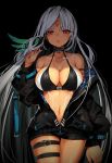  1girl azur_lane bare_shoulders belt bikini_top black_hair black_jacket bodypaint breasts brown_eyes choker cleavage collarbone cowboy_shot dark_skin facepaint grey_hair grey_nails hand_up highres jacket jewelry large_breasts long_hair long_sleeves looking_at_viewer massachusetts_(azur_lane) multicolored_hair nail_polish naruwe native_american navel necklace open_clothes open_mouth partially_unzipped red_eyes silver_hair skindentation solo stomach swimsuit swimsuit_under_clothes tan thigh_strap thighs toned zipper 
