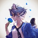  1girl animal_ears bangs blue_flower blue_hair blue_jacket blue_neckwear blue_rose dress_shirt extra_ears flower from_side highres holding holding_flower jacket kemono_friends maltese_tiger_(kemono_friends) multicolored_hair necktie nose open_clothes open_jacket petals profile rose shirt short_hair smile solo tail tail_raised takami_masahiro tiger_ears tiger_girl tiger_tail upper_body white_hair white_shirt yellow_eyes 