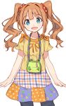  1girl :d arms_at_sides bag blue_eyes brown_hair eyebrows_visible_through_hair hair_ornament hair_scrunchie highres idolmaster idolmaster_(classic) long_hair looking_at_viewer open_mouth red_scrunchie scrunchie shone short_sleeves simple_background smile solo takatsuki_yayoi twintails white_background 