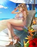  1girl ass bangs bare_shoulders beach beach_umbrella blonde_hair blue_eyes blue_sky blunt_bangs bracelet breasts chair cleavage collarbone cup daglasses drinking_glass eyelashes eyewear_on_head flower hair_intakes high_heels highres hips jewelry large_breasts legs long_hair looking_at_viewer original palm_tree ponytail shade sky smile solo sunglasses sunlight swimsuit thighs towel tree umbrella white_swimsuit 