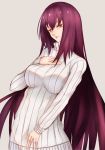 breasts fate/grand_order fate_(series) grey_background hair_intakes hand_on_own_chest highres large_breasts long_hair long_sleeves looking_to_the_side open_mouth purple_hair ragi_(pixiv_12140403) red_eyes ribbed_sweater scathach_(fate)_(all) scathach_(fate/grand_order) simple_background sweater 