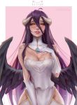 1girl ahoge albedo artist_name bare_shoulders black_hair black_wings blush breasts cleavage daria_leonova demon_girl demon_horns demon_wings detached_collar dress facing_viewer feathered_wings feathers gloves hair_between_eyes hand_on_own_chest highres hip_vent horns large_breasts looking_at_viewer low_wings overlord_(maruyama) parted_lips patreon_username pink_background slit_pupils white_dress white_gloves wings yellow_eyes 