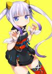  1girl absurdres blush claw_pose cleavage_cutout commentary cosplay d-pad d-pad_hair_ornament eyebrows_visible_through_hair hair_ornament hairclip highres japanese_clothes kaguya_luna kaguya_luna_(character) kaguya_luna_(character)_(cosplay) kanna_kamui kobayashi-san_chi_no_maidragon lavender_hair long_hair looking_at_viewer miyabi_(miyabeeya) multicolored multicolored_clothes multicolored_legwear obi ribbon sash simple_background solo thigh-highs twintails violet_eyes virtual_youtuber white_ribbon wrist_ribbon yellow_background 