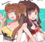  2girls :d ;d alternate_costume antenna_hair back-to-back bangle bangs bare_shoulders bikini black_bikini blue_eyes bracelet breasts brown_hair cleavage collarbone double_bun earrings hoop_earrings jewelry long_hair looking_at_viewer medium_breasts mei_(pokemon) multiple_girls one_eye_closed open_mouth plaid plaid_bikini pokemon pokemon_(game) pokemon_bw pokemon_bw2 ponytail ririmon round_teeth see-through small_breasts smile swimsuit teeth touko_(pokemon) twintails twitter_username upper_body v-shaped_eyebrows 