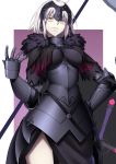  1girl armor armored_dress black_dress breasts chains commentary_request dress eyebrows_visible_through_hair fate/grand_order fate_(series) faulds flag fur_trim gauntlets headpiece jeanne_d&#039;arc_(alter)_(fate) jeanne_d&#039;arc_(fate)_(all) large_breasts silver_hair smile standing sword takahan thighs weapon yellow_eyes 