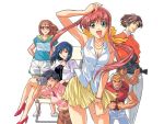  3boys 4girls akasaka_mitsuki aqua_eyes arm_up arms_behind_back black_eyes black_hair blue_hair bracelet breasts brown_hair camera chair cleavage denim double_cast freckles gotou_keiji grin hair_ribbon hairband hand_on_head high_heels holding holding_camera jeans jewelry leaning_forward long_hair looking_at_viewer mole mole_under_mouth multiple_boys multiple_girls muscle necklace open_mouth pants pink_shirt ponytail pumps red_footwear redhead ribbon rimless_eyewear round_eyewear shirt short_hair short_sleeves simple_background sitting skirt sleeveless sleeveless_shirt smile standing white_background white_footwear 