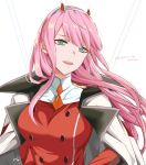  1girl :d absurdres aqua_eyes cape copyright_name darling_in_the_franxx floating_hair grey_hairband hairband hanawi_nova head_tilt highres horns long_hair military military_uniform open_mouth pink_hair shiny shiny_hair smile solo uniform upper_body very_long_hair white_background white_cape zero_two_(darling_in_the_franxx) 