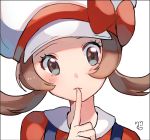  1girl bow brown_eyes brown_hair cabbie_hat closed_mouth finger_to_mouth frown hat hat_bow head_tilt highres index_finger_raised kotone_(pokemon) long_hair looking_at_viewer pokemon pokemon_(game) pokemon_hgss portrait red_bow ririmon simple_background solo twintails upper_body white_background white_hat 