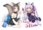  2girls :3 :d ahoge animal_ears arms_up bangs bare_shoulders blue_bow blue_eyes blush bow braid brown_hair cat_ear_headphones character_request claw_pose collarbone dress eyebrows_visible_through_hair facial_mark fingerless_gloves forever_7th_capital gloves green_skirt hair_between_eyes headphones headset highres japanese_clothes kneehighs looking_at_viewer multiple_girls no_shoes off-shoulder_shirt open_mouth parted_bangs paw_gloves paws purple_dress purple_gloves rangen shirt short_hair silver_hair simple_background skirt sleeveless sleeveless_shirt smile star striped striped_legwear suspender_skirt suspenders suspenders_slip tail thigh-highs twintails white_background white_legwear white_shirt 