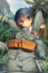  1girl absurdres belt black_eyes black_hair blush eyebrows_visible_through_hair highres imperial_japanese_army jungle military military_uniform nature original outdoors partially_submerged pouch samazuka_mashiro shoes_removed short_hair solo uniform 
