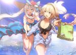  2girls bag bangs blonde_hair blue_eyes blue_sky breasts cleavage collarbone dress eyebrows_visible_through_hair fate/apocrypha fate/grand_order fate_(series) flower front-tie_top hair_between_eyes hairband hand_holding hat hat_flower hat_ribbon jeanne_d&#039;arc_(fate) jeanne_d&#039;arc_(fate)_(all) large_breasts long_hair long_sleeves marie_antoinette_(fate/grand_order) multiple_girls no-kan open_clothes open_mouth open_shirt outdoors ribbon running shopping_bag silver_hair sky smile sun sun_hat twintails very_long_hair violet_eyes water 