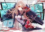  1girl absurdres bangs blonde_hair bodysuit breasts expressionless eyepatch hair_ornament hairclip highres long_hair looking_at_viewer lying nemesis_(tower_of_fantasy) on_side red_eyes small_breasts solo taymy tower_of_fantasy 