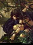  1girl artist_name bayard_wu bracelet brown_hair dagger facial_mark jewelry leaf legend_of_the_cryptids long_hair midriff nail_polish official_art panther slit_pupils solo tree watermark weapon web_address 
