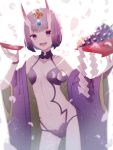  1girl :d bangs breasts cleavage collarbone cowboy_shot cup fangs fate/grand_order fate_(series) hair_ornament highres horns navel open_mouth panties purple_hair purple_panties sakazuki short_hair shuten_douji_(fate/grand_order) small_breasts smile solo sparkle standing umeko_208 underwear violet_eyes white_background 