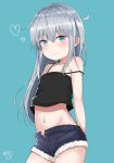  1girl bangs bare_arms bare_shoulders black_camisole blue_background blue_eyes blue_shorts blush camisole closed_mouth collarbone commentary_request eyebrows_visible_through_hair hair_between_eyes heart hibiki_(kantai_collection) highres kantai_collection long_hair looking_at_viewer midriff navel noeru_(gt17854) open_clothes open_fly open_shorts short_shorts shorts signature silver_hair simple_background solo strap_slip very_long_hair 