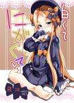  1girl abigail_williams_(fate/grand_order) bangs barefoot black_bow black_dress black_hat blonde_hair bloomers blue_eyes blush bow closed_mouth commentary_request cover cover_page doujin_cover dress eyebrows_visible_through_hair fate/grand_order fate_(series) forehead hair_bow hand_up hat head_tilt l-trap long_hair long_sleeves looking_at_viewer looking_to_the_side nose_blush orange_bow parted_bangs polka_dot polka_dot_bow sleeves_past_fingers sleeves_past_wrists smile soles solo translation_request underwear very_long_hair white_bloomers 