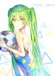  1girl 2018_fifa_world_cup backless_dress backless_outfit ball dress eyebrows_visible_through_hair football_(object) from_side green_hair hair_between_eyes hatsune_miku holding holding_ball leaning_forward long_hair looking_at_viewer nmi_(pixiv22137230) open_mouth print_dress simple_background sleeveless sleeveless_dress solo standing star star_print strapless strapless_dress twintails upper_body very_long_hair vocaloid white_background world_cup yellow_eyes 