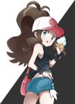  1girl ass bangs baseball_cap black_vest black_wristband blue_eyes brown_hair cowboy_shot creatures_(company) cutoffs denim denim_shorts food game_freak hat highres ice_cream kisama long_hair nintendo pokemon pokemon_(creature) pokemon_(game) pokemon_bw ponytail shirt shorts simple_background solo standing tongue tongue_out touko_(pokemon) upper_body vanillite vest white_shirt 