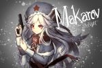  1girl artist_name blurry blurry_background capelet character_name closed_mouth eyebrows_visible_through_hair fur_hat fur_trim girls_frontline gradient gradient_background grey_background gun handgun hands_up hat highres holding holding_gun holding_weapon icenight long_hair makarov_(girls_frontline) makarov_pm red_eyes red_star scarf silver_hair smile solo ushanka weapon 