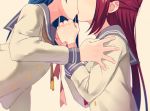  2girls blue_hair bound bound_wrists clenched_hands grey_sailor_collar hair_ornament hairclip hand_on_another&#039;s_shoulder hands_up head_out_of_frame kiss long_hair love_live! love_live!_sunshine!! multiple_girls neckerchief pink_ribbon red_neckwear redhead ribbon sailor_collar sakurauchi_riko school_uniform sellel serafuku tsushima_yoshiko upper_body uranohoshi_school_uniform yellow_neckwear yuri 