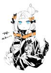  1girl abigail_williams_(fate/grand_order) alternate_hairstyle bandaid_on_forehead bangs belt black_bow black_jacket blue_eyes bow fate/grand_order fate_(series) forehead hair_bow hair_bun high_collar highres holding holding_stuffed_animal iriehana jacket long_hair looking_up open_mouth orange_bow parted_bangs partially_colored simple_background sleeves_past_fingers sleeves_past_wrists solo stuffed_animal stuffed_toy teddy_bear tentacle 