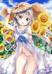 1girl :d arm_up bangs blue_neckwear blue_sky blurry blurry_background blush bow brown_eyes clouds cloudy_sky collarbone commentary_request day depth_of_field dress eyebrows_visible_through_hair field flower flower_field fujima_takuya gluteal_fold groin hair_between_eyes hand_on_headwear hat hat_bow head_tilt long_hair navel neckerchief open_mouth original outdoors panties sailor_collar sailor_dress silver_hair sky sleeveless sleeveless_dress smile solo straw_hat sunflower twitter_username underwear very_long_hair white_bow white_dress white_panties white_sailor_collar yellow_flower 